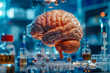 Human Brain Model Suspended in Laboratory with Blue Illumination and Glassware AI Generativeの素材