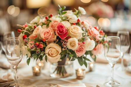 Elegant Floral Centerpiece with Roses and Greenery for Luxury Wedding Reception Table Setting AI Generativeの素材