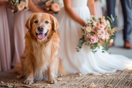 Smiling Golden Retriever Dog at Wedding Ceremony with Bride and Bridesmaids Holding Bouquets AI Generativeの素材