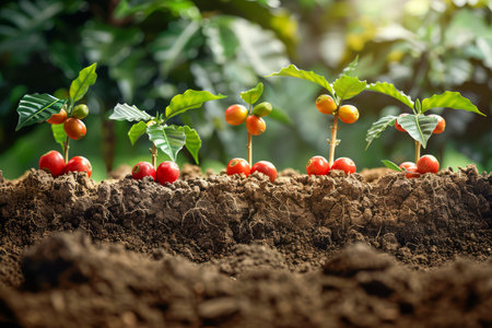 Vibrant Tomato Plants with Ripe Cherry Tomatoes Thriving in Fertile Soil Growth, Agriculture, Healthy Living AI Generativeの素材