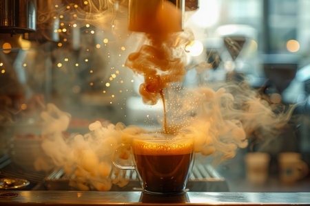 Freshly Brewed Espresso Coffee With Steam Rising From Cup in Modern Cafe Setting AI Generativeの素材