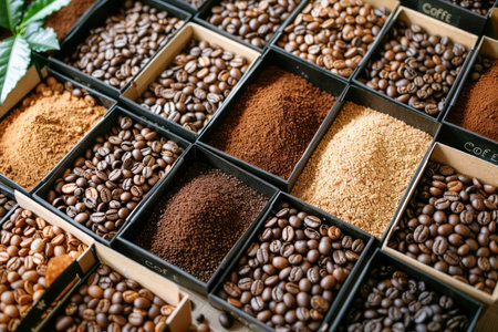 Assorted Fresh Roasted and Ground Coffee Beans Displayed in Wooden Compartments, Aromatic Beverage Ingredients AI Generativeの素材