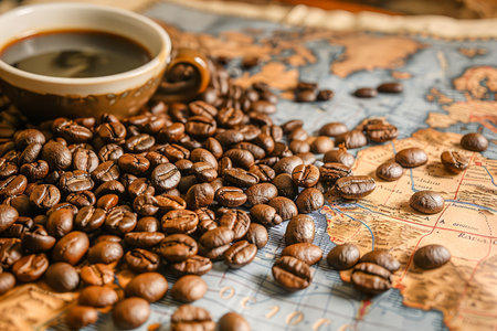Aromatic Coffee Beans Scattered on Vintage World Map with Cup of Brewed Coffee Travel and Cuisine Concept AI Generativeの素材