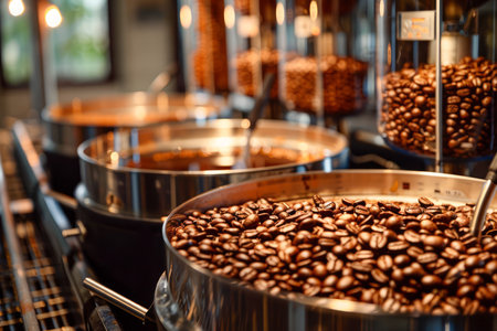 Fresh Roasted Coffee Beans Displayed in Bins at Gourmet Market with Scoops AI Generativeの素材