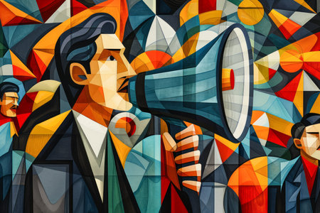 Colorful Cubist Style Illustration of Man with Megaphone Leading a Group of People on Geometric Background for Modern Art Concepts AI Generativeの素材
