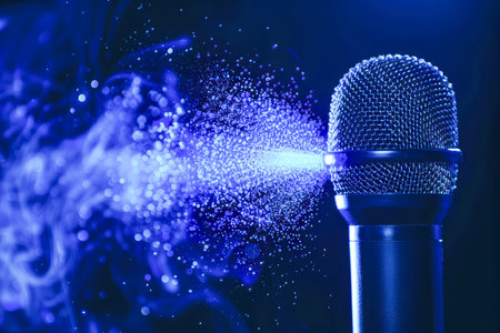 Close Up of Microphone with Abstract Soundwave Visualisation Against Blue Background AI Generativeの素材