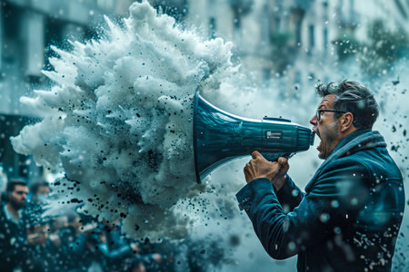 Dramatic Image of Man Yelling into Megaphone with Explosive Burst of Powder on Street AI Generativeの素材