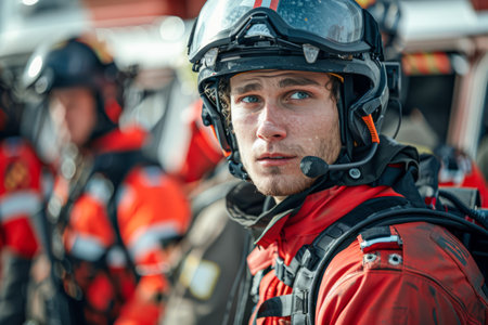 Portrait of Focused Firefighter Wearing Helmet and Protective Gear with Team in Background AI Generativeの素材