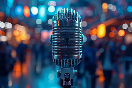 Vintage Microphone Close Up with Colorful Bokeh Lights Background on Stage in Music Venue AI Generativeの素材