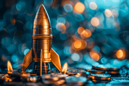 Shiny Gold Bullet on Blur Blue Background with Flame and Coins Conceptual Financial Image AI Generativeの素材