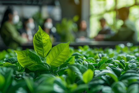 Fresh Green Leaf in Focus with Blurred Business Meeting in Background at Eco Friendly Office AI Generativeの素材