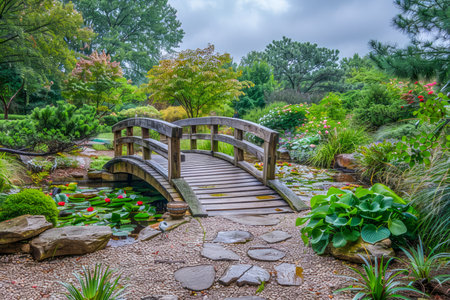 Serene Japanese Garden Landscape with Wooden Bridge and Flourishing Flora AI Generativeの素材