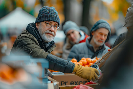 Senior Man Volunteering at a Food Bank Donation, Providing Help to the Needy in a Community Event AI Generativeの素材