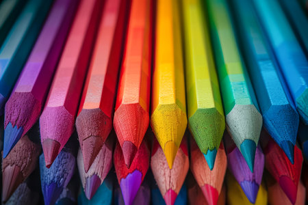 Vibrant Colored Pencils Lined Up in a Row with a Close Up Focus on Artistic Tools for Creative Design AI Generativeの素材