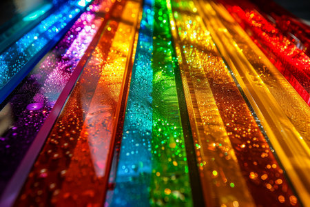 Vivid Rainbow Colored Light Reflections on Glass Surface with Water Drops Sparkling in Spectrum Hues AI Generativeの素材