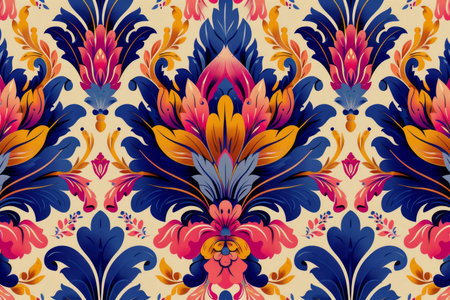 Vibrant Baroque Floral Pattern Wallpaper with Symmetrical Ornate Design and Rich Color Palette AI Generativeの素材