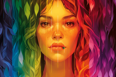 Colorful Artistic Portrait of a young Woman with Vivid Rainbow Hair and Intense Gaze on Abstract Background AI Generativeの素材