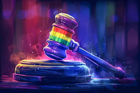 Colorful Rainbow Painted Judge Gavel on Stand with Vibrant Lights Symbol of LGBTQ Rights and Justice AI Generativeの素材