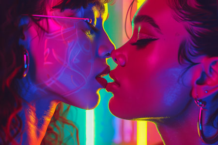 Colorful Neon Lights Reflecting on Two Young Women About to Kiss in a Romantic and Intimate Atmosphere at Night AI Generativeの素材
