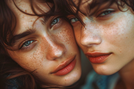 Close Up Portrait of Two Young Women with Freckles Embracing and Sharing a Moment AI Generativeの素材
