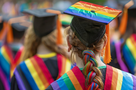 LGBTQ Graduates Celebrating Diversity and Inclusion at Commencement Ceremony with Rainbow Colors AI Generativeの素材