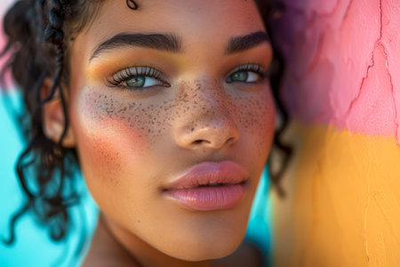 Close Up Portrait of a Young Woman with Freckles and Curly Hair Against a Colorful Background AI Generativeの素材