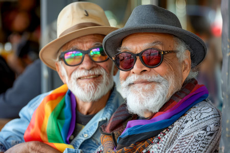 Cheerful Senior Male Friends Embracing with Rainbow Pride Flag Smiling at Camera in Urban Setting AI Generativeの素材