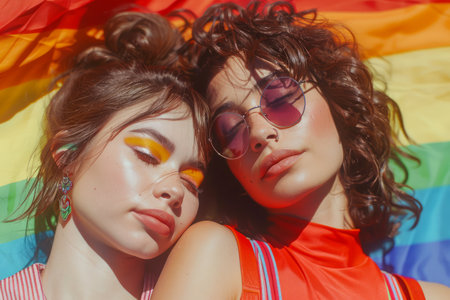 Young Diverse Women Celebrating Pride with Rainbow Flag, Colorful Makeup, and Fashion Sunglasses Outdoors AI Generativeの素材