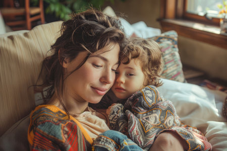 Tender Moment Between Young Mother and Child Embracing at Home, Warm Indoor Family Bonding AI Generativeの素材