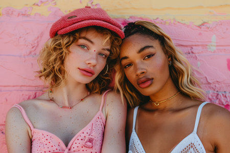 Two Young Stylish Women Posing Playfully in Front of a Colorful Mural Wall, Fashionable Friends Enjoying a Summer Day AI Generativeの素材