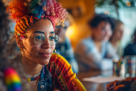 Vibrant Portrait of Fashionable Young Woman with Colorful Hair and Glasses in Urban Cafe Setting AI Generativeの素材