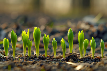 Fresh Green Sprouts Emerging from Fertile Soil in Early Spring symbolizing New Life and Growth AI Generativeの素材