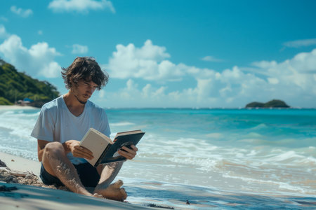 Young Man Reading a Book on Tropical Beach with Turquoise Sea in the Background, Peaceful Vacation Concept AI Generativeの素材