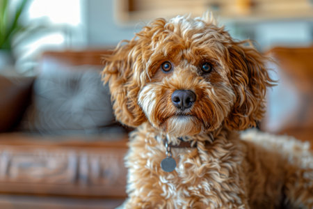 Adorable Curly haired Apricot Goldendoodle Dog Sitting Indoors with a Curious Expression AI Generativeの素材