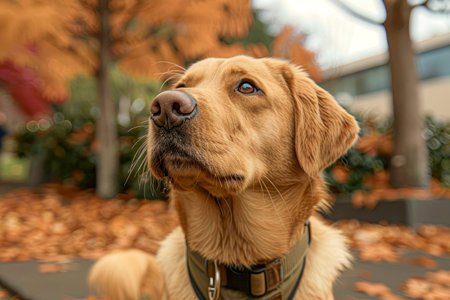 Adorable Golden Retriever Dog with Collar Sitting Outdoors with Autumn Leaves in the Background AI Generativeの素材