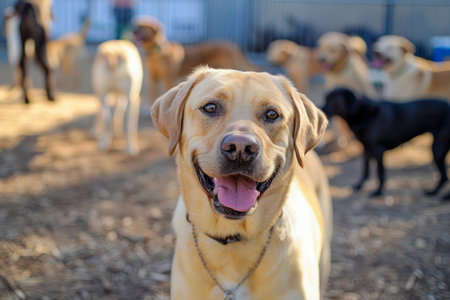Cheerful Labrador Retriever Enjoying Outdoor Fun at Doggy Daycare with Various Canine Friends Blurred in the Background AI Generativeの素材
