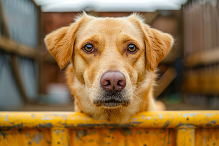 Close up Portrait of a Thoughtful Golden Labrador in an Urban Setting, Looking Over a Yellow Barrier AI Generativeの素材