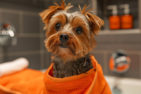 Adorable Yorkshire Terrier Dog Wrapped in Orange Towel After Bath in Modern Home Bathroom Setting AI Generativeの素材