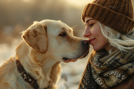 Affectionate Woman Lovingly Kissing Dog on Forehead in Warm Sunlit Winter Scene AI Generativeの素材