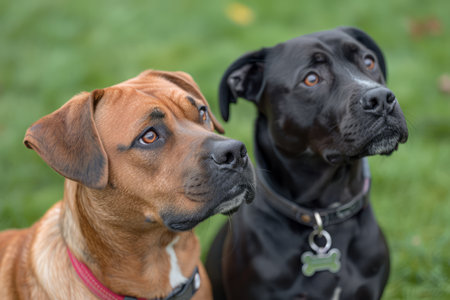 Two Adorable Canines Sitting Together Outdoor, Black and Tan Dogs Looking Alert AI Generativeの素材