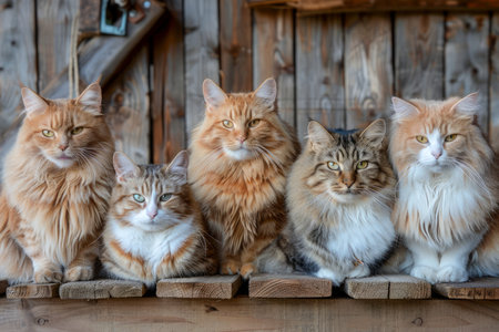 Five Ginger Cats Sitting in a Row Against Wooden Background Adorable Feline Family Portrait AI Generativeの素材