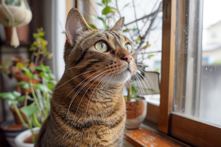 Domestic Tabby Cat Gazing Out Window, Indoor Potted Plants Background, Cozy Home Scene with Pet AI Generativeの素材