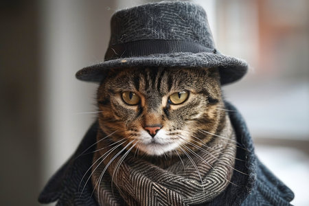 Elegant Tabby Cat Dressed in Stylish Hat and Scarf Looking Sophisticated and Quirky for a Fun Portrait AI Generativeの素材