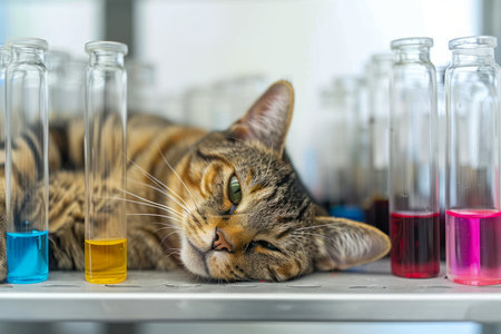 Relaxed Domestic Cat Lying Among Colorful Liquid Filled Test Tubes in a Bright Laboratory Environment AI Generativeの素材