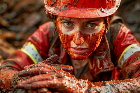 Determined Female Firefighter Covered in Soot and Ash after Intense Firefighting Operation, Heroic First Responder at Work AI Generativeの素材