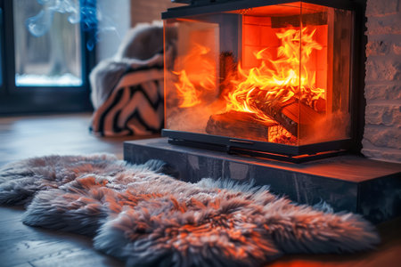 Cozy Indoor Fireplace with Warm Glowing Fire on Cold Winter Day, Comfortable Living Room with Furry Rug and Blanket AI Generativeの素材