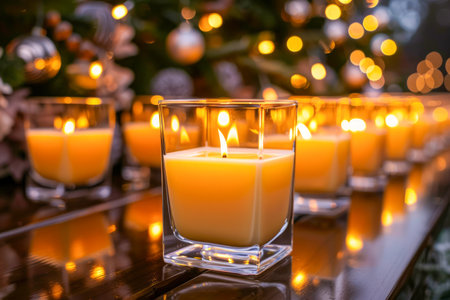 Warm Candlelight Ambiance with Glowing Candles and Festive Christmas Decoration Background AI Generativeの素材