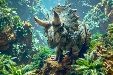 Majestic Triceratops Dinosaur in Lush Ancient Forest Under Misty Light AI Generativeの素材