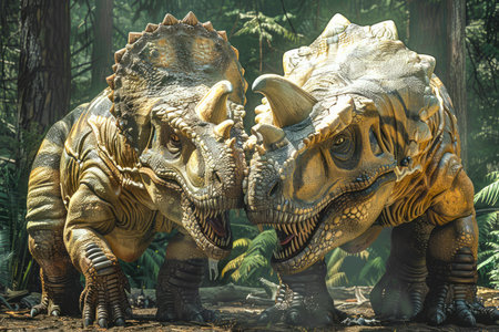 Majestic Triceratops Dinosaurs in a Prehistoric Forest Environment Illustration AI Generativeの素材