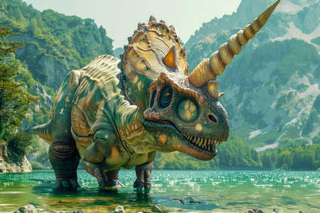 Majestic Digital Illustration of Triceratops in Natural Habitat by Lake with Lush Greenery and Mountains AI Generativeの素材